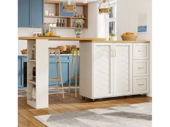 Balcão de cozinha extensível com rodízios - 135-228 x 39 x 104 cm - com 2 portas + 3 gavetas - MDF + metal - branco