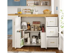 Balcão de cozinha extensível com rodízios - 135-228 x 39 x 104 cm - com 2 portas + 3 gavetas - MDF + metal - branco