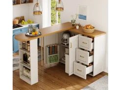 Balcão de cozinha extensível com rodízios - 135-228 x 39 x 104 cm - com 2 portas + 3 gavetas - MDF + metal - branco