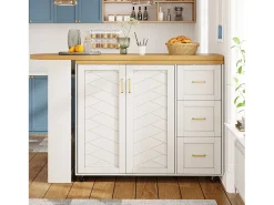 Balcão de cozinha extensível com rodízios - 135-228 x 39 x 104 cm - com 2 portas + 3 gavetas - MDF + metal - branco