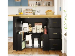 Balcão de cozinha extensível com rodízios - 135-228 x 39 x 104 cm - com 2 portas + 3 gavetas - MDF + metal - preto
