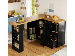 Balcão de cozinha extensível com rodízios - 135-228 x 39 x 104 cm - com 2 portas + 3 gavetas - MDF + metal - preto