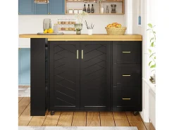 Balcão de cozinha extensível com rodízios - 135-228 x 39 x 104 cm - com 2 portas + 3 gavetas - MDF + metal - preto