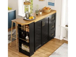 Balcão de cozinha extensível com rodízios - 135-228 x 39 x 104 cm - com 2 portas + 3 gavetas - MDF + metal - preto