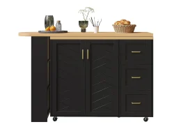 Balcão de cozinha extensível com rodízios - 135-228 x 39 x 104 cm - com 2 portas + 3 gavetas - MDF + metal - preto