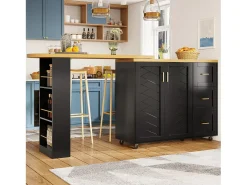 Balcão de cozinha extensível com rodízios - 135-228 x 39 x 104 cm - com 2 portas + 3 gavetas - MDF + metal - preto