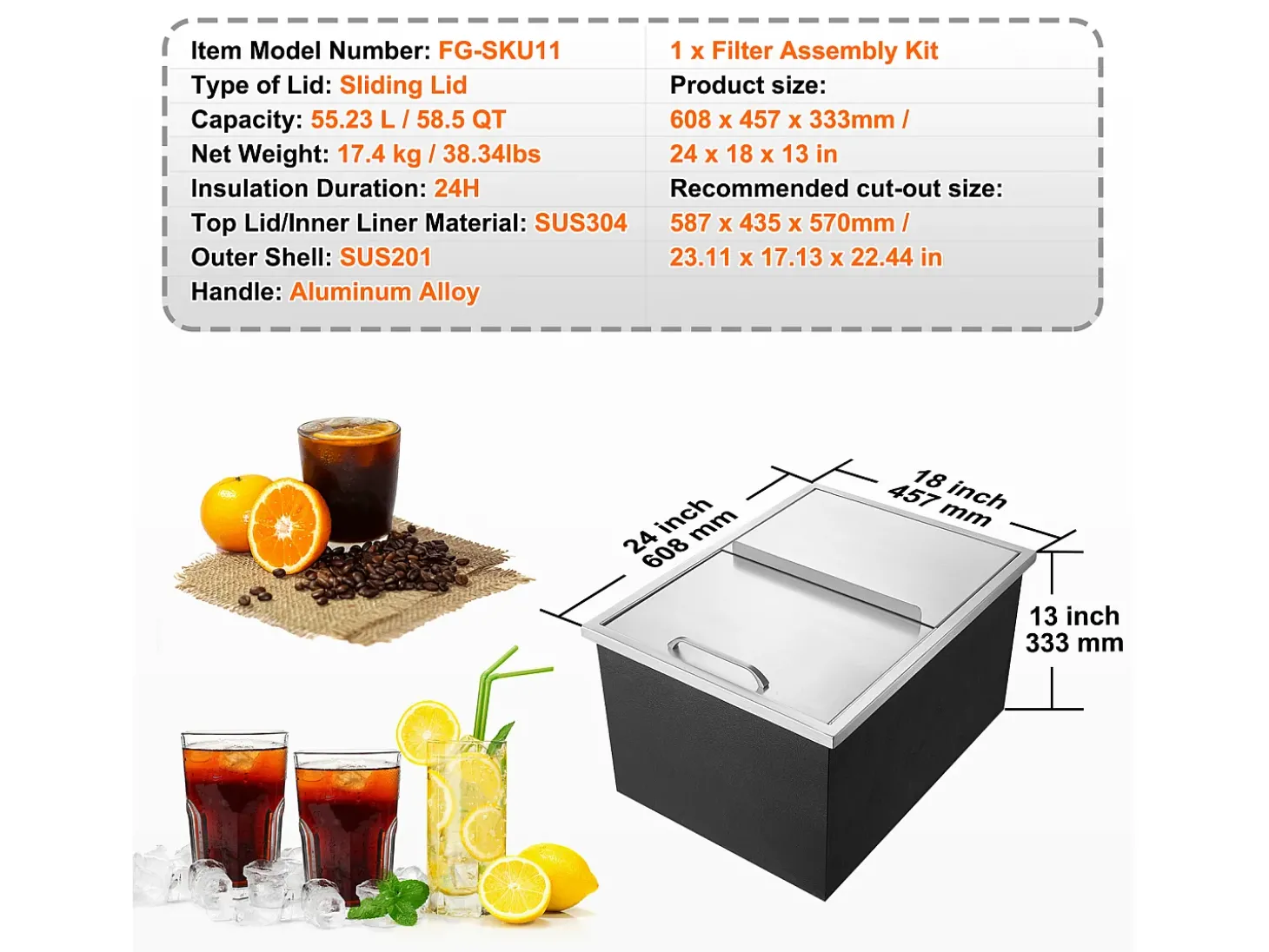 Balde de Gelo SucceBuy, 55,23 L, 61x46x33 cm, Geladeira de Aço Inoxidável com Tampa Deslizante, para Cozinha Exterior Vinho Cerveja