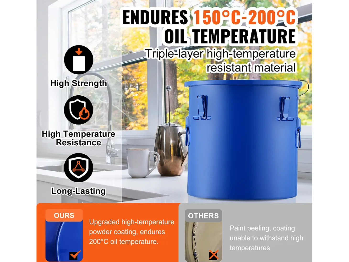 Balde de Graxa SucceBuy para Frigideira, 37 L, Bacio de Óleo com Bolsa Filtro, Azul, Aço Carbono com Revestimento Antiferrugem