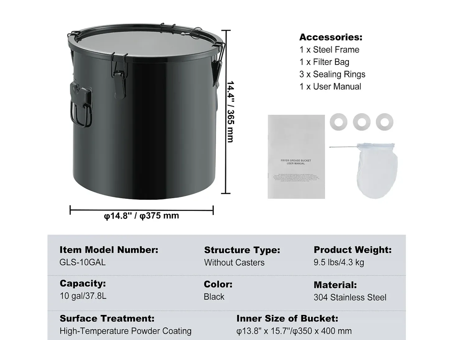 Balde de Graxa SucceBuy para Frigideira, Balde de 37 L com Bolsa Filtro, Preto, Aço Carbono com Revestimento Antiferrugem