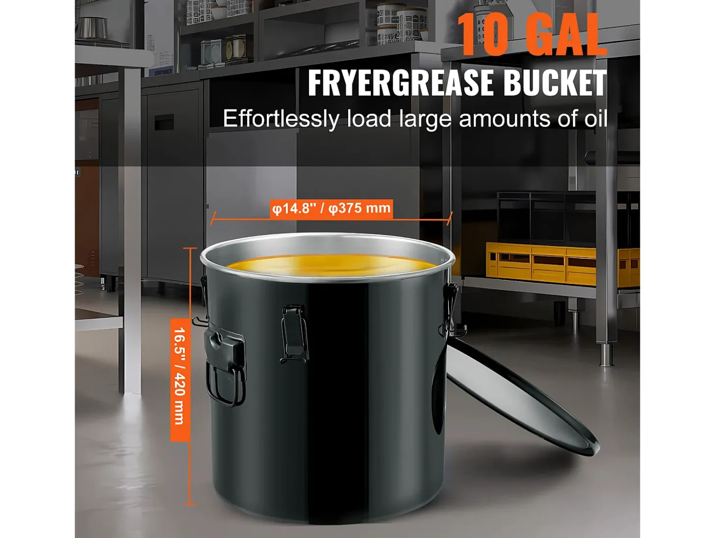 Balde de Graxa SucceBuy para Frigideira, Balde de 37 L com Bolsa Filtro, Preto, Aço Carbono com Revestimento Antiferrugem