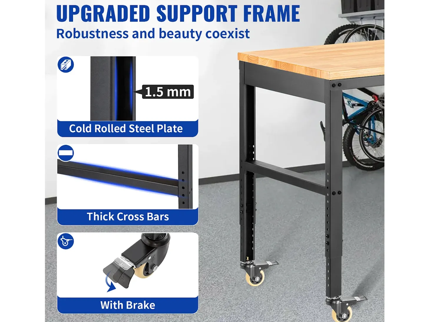 Bancada de Oficina Ajustável SucceBuy, 155x51x105 cm, Altura Ajustável 80-105 cm, com 4 Rodízios para Reparação e Bricolagem