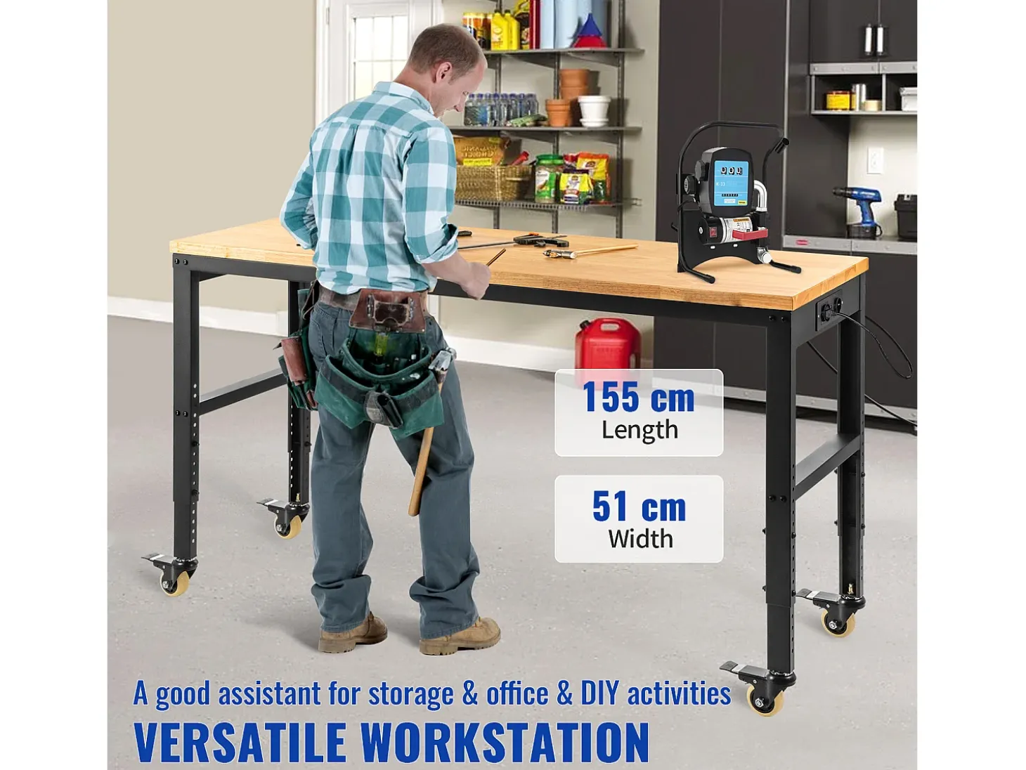 Bancada de Oficina Ajustável SucceBuy, 155x51x105 cm, Altura Ajustável 80-105 cm, com 4 Rodízios para Reparação e Bricolagem