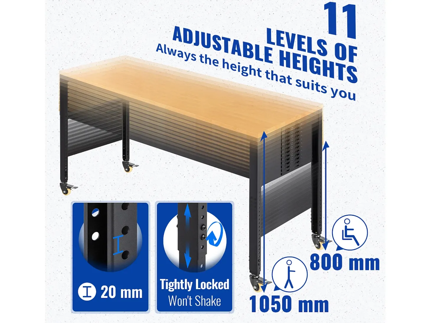 Bancada de Oficina Ajustável SucceBuy, 155x51x105 cm, Altura Ajustável 80-105 cm, com 4 Rodízios para Reparação e Bricolagem