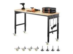 Bancada de Oficina SucceBuy, 152,4 cm, Mesa de Trabalho com Rodízios e Altura Ajustável, Capacidade de Carga 907,2 kg, em Carvalho para Escritório, Casa