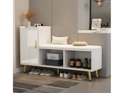 Banco de sapatos com 1 porta, 2 nichos e almofada - pés e puxadores de metal dourado - Branco - 120 x 35 x 68,5 cm