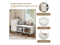 Banco de sapatos com 1 porta, 2 nichos e almofada - pés e puxadores de metal dourado - Branco - 120 x 35 x 68,5 cm