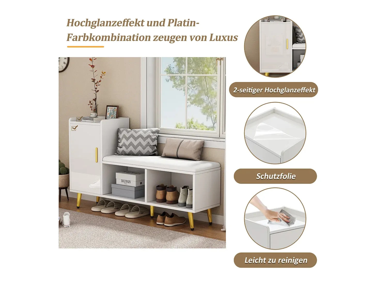 Banco de sapatos com 1 porta, 2 nichos e almofada - pés e puxadores de metal dourado - Branco - 120 x 35 x 68,5 cm