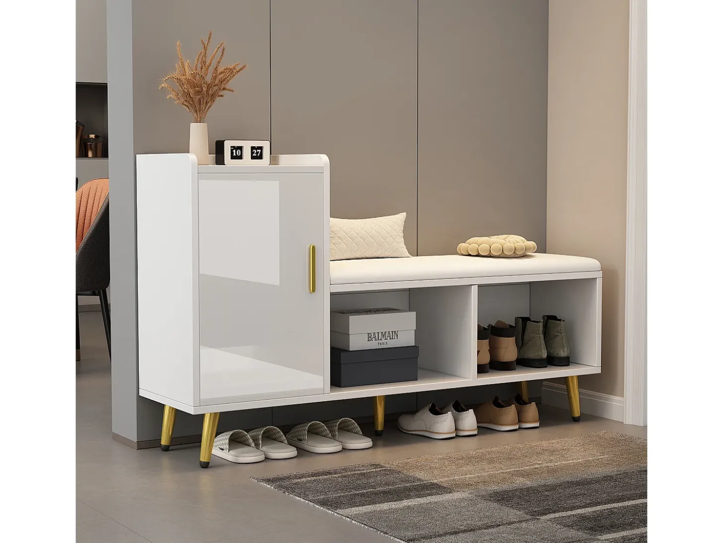 Banco de sapatos com 1 porta, 2 nichos e almofada - pés e puxadores de metal dourado - Branco - 120 x 35 x 68,5 cm
