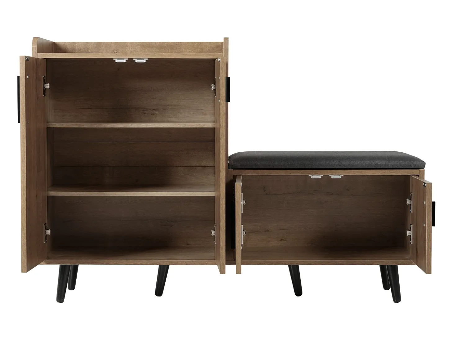 Banco de sapatos moderno com 4 portas e almofada - pernas e puxadores de metal - cor natural - 120 x 34 x 82 cm