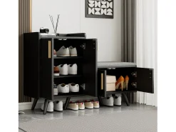 Banco de sapatos moderno com 4 portas e almofada - pernas e puxadores de metal - cor preta - 120 x 34 x 82 cm