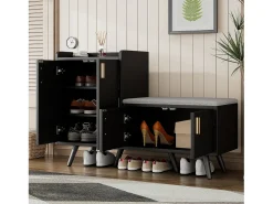 Banco de sapatos moderno com 4 portas e almofada - pernas e puxadores de metal - cor preta - 120 x 34 x 82 cm