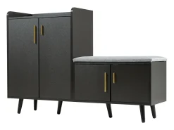 Banco de sapatos moderno com 4 portas e almofada - pernas e puxadores de metal - cor preta - 120 x 34 x 82 cm