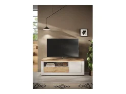 Banco para TV SASHA – 1 porta, 1 gaveta e 1 nicho aberto com LED – Branco laqueado e carvalho Cadiz