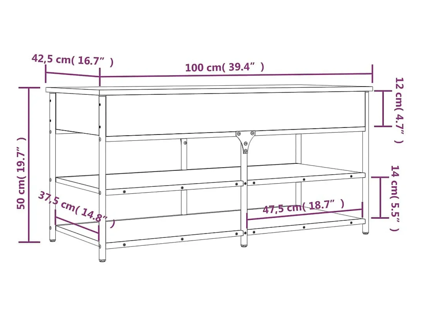 Banco sapateira 100x42,5x50cm derivados madeira cinzento sonoma