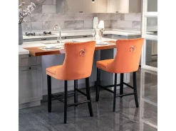 Bancos de bar estofados, conjunto de 2 Com rebites decorativos e pés em madeira Acabamento cromado com rebites Revestimento em veludo, laranja