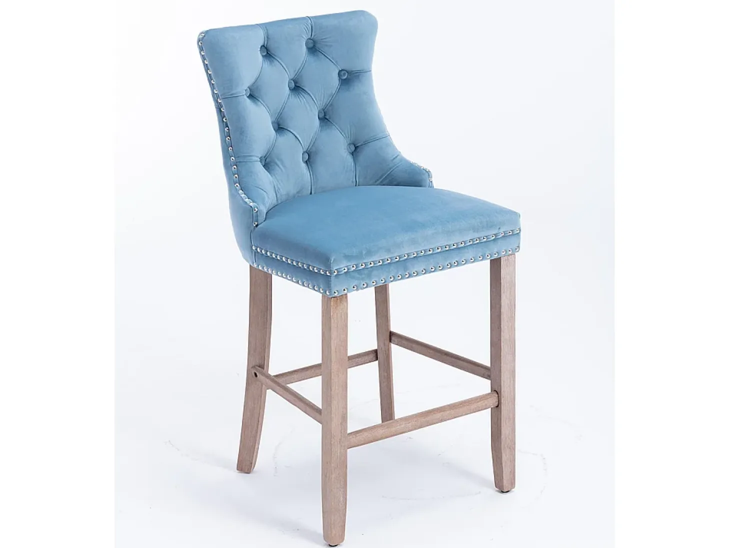 Bancos de bar estofados, conjunto de 2 Com rebites decorativos e pés em madeira Acabamento cromado com rebites Revestimento em veludo, azul claro
