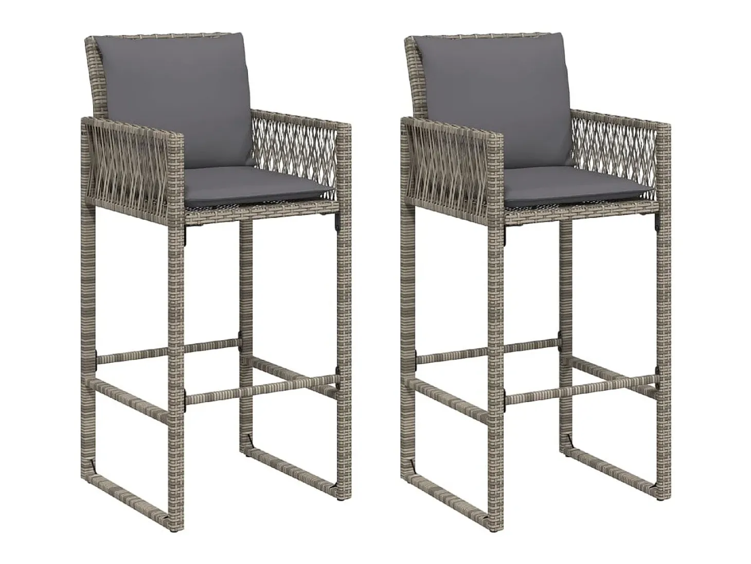Bancos de bar p/ jardim com almofadões 2 pcs vime PE cinzento PT758182