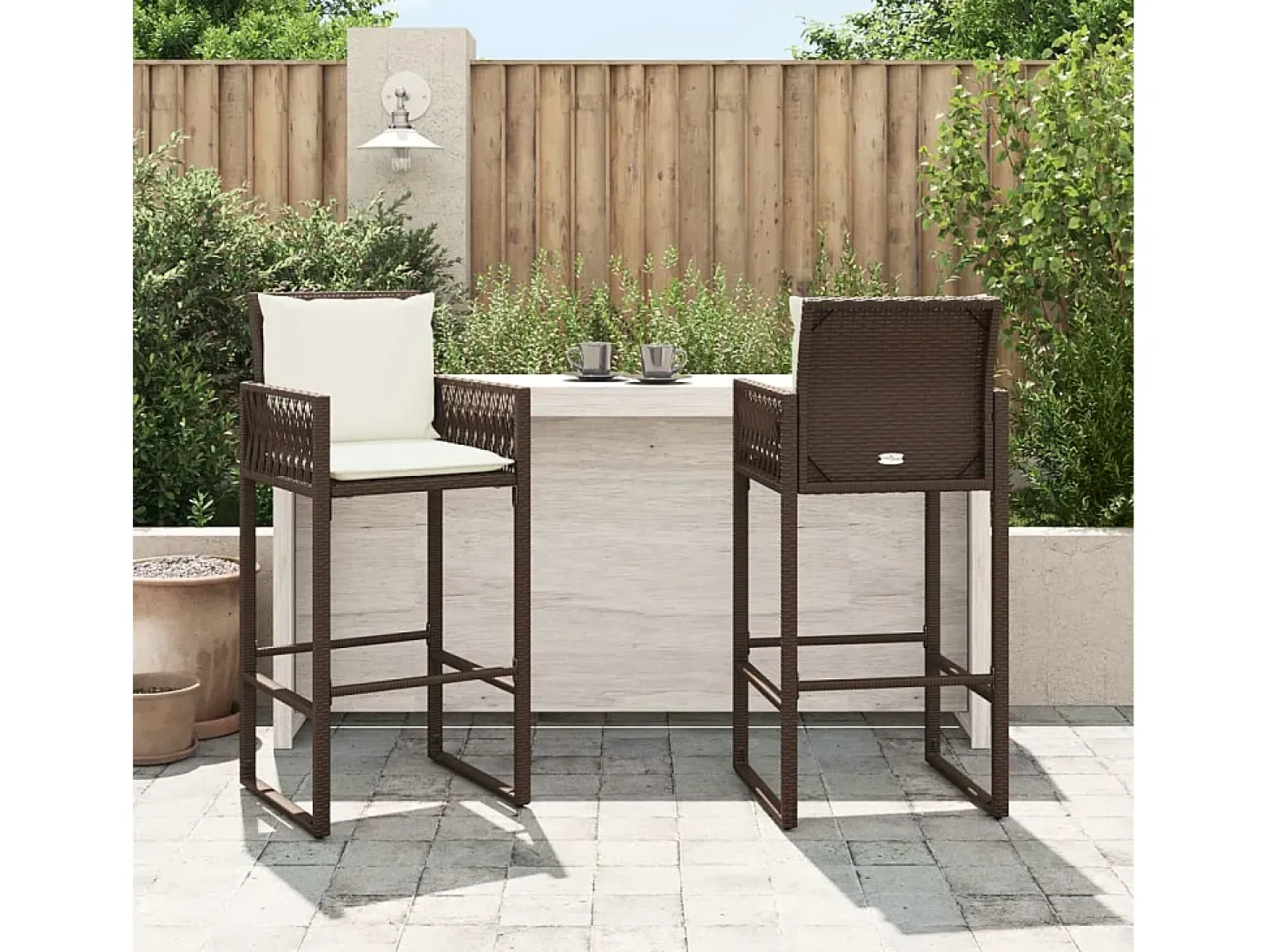 Bancos de bar para jardim com almofadões 2 pcs vime PE castanho PT359417