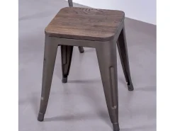 Banqueta baixa industrial em aço envelhecido e assento de madeira (45cm) - Bistro - Antiguidade