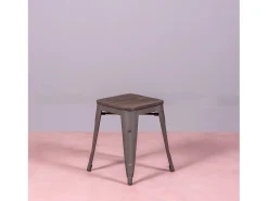 Banqueta baixa industrial em aço envelhecido e assento de madeira (45cm) - Bistro - Antiguidade