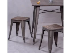 Banqueta baixa industrial em aço envelhecido e assento de madeira (45cm) - Bistro - Antiguidade