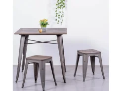 Banqueta baixa industrial em aço envelhecido e assento de madeira (45cm) - Bistro - Antiguidade