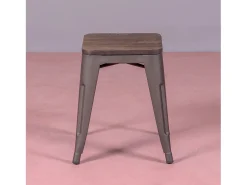 Banqueta baixa industrial em aço envelhecido e assento de madeira (45cm) - Bistro - Antiguidade