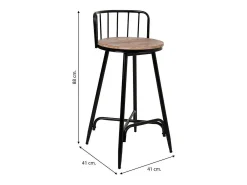 Banqueta com encosto em metal cinza e madeira.