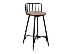 Banqueta com encosto em metal cinza e madeira.