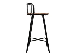 Banqueta com encosto em metal cinza e madeira.