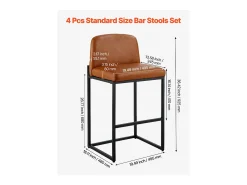 Banqueta de Bar SucceBuy, Lote de 4, Cadeira de Bar em Couro PU Confortável, 68 cm de Altura, Assento de Cozinha com Encosto E Pés em Metal, Marrom