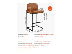 Banqueta de Bar SucceBuy, Lote de 4, Cadeira de Bar em Couro PU Confortável, 68 cm de Altura, Assento de Cozinha com Encosto E Pés em Metal, Marrom