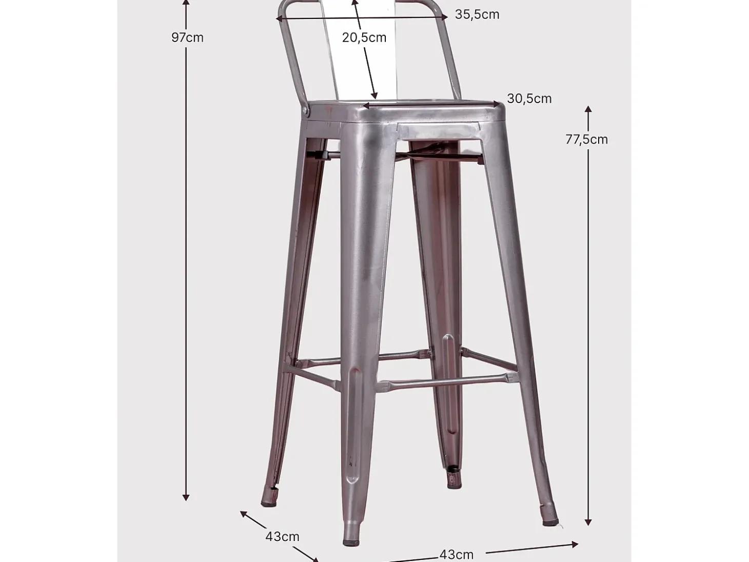 Banqueta industrial de metal com encosto baixo (76cm) - Bistro - Preto