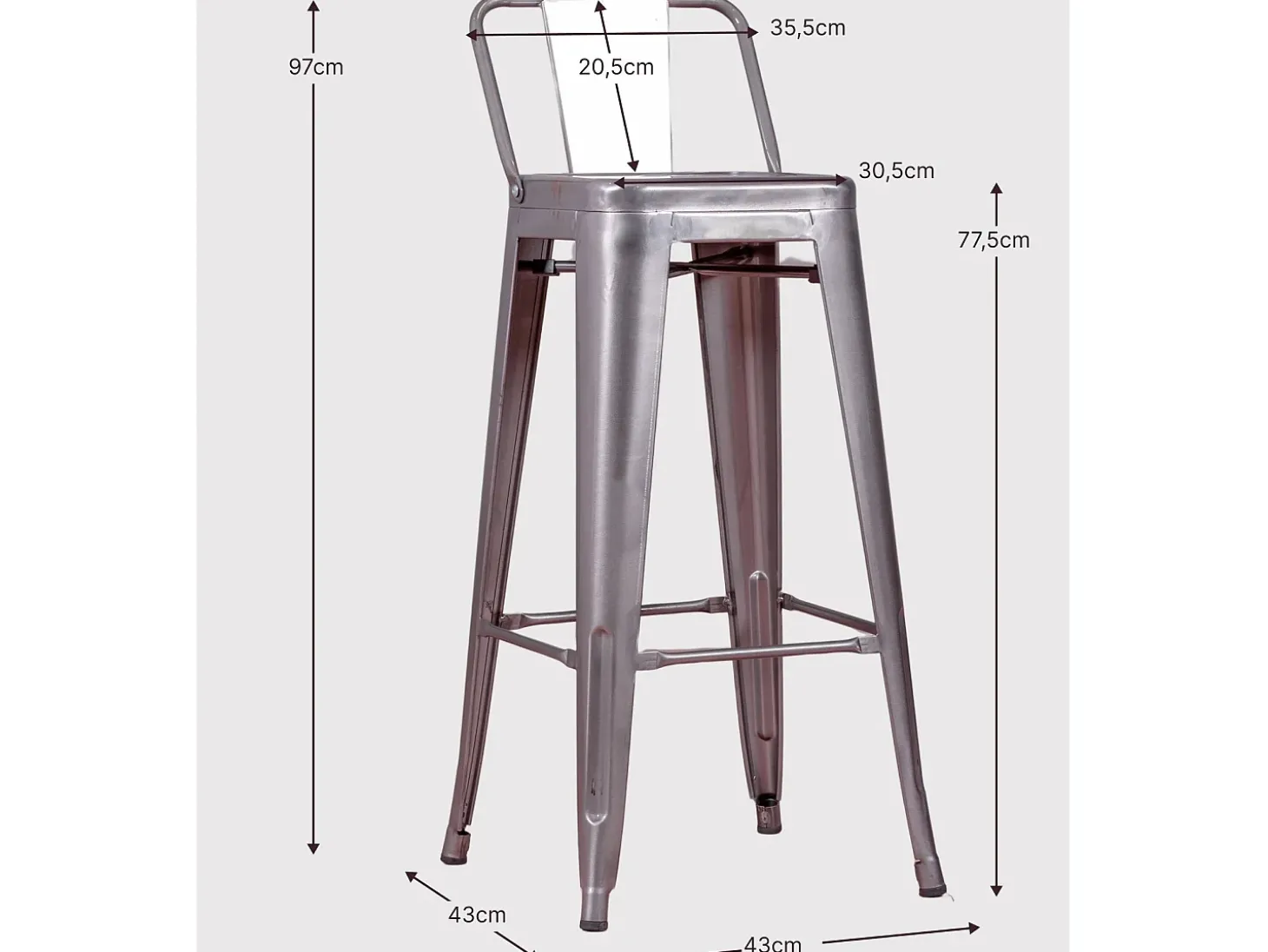 Banqueta industrial em aço metalizado com encosto baixo (76cm) - Bistro - Metal