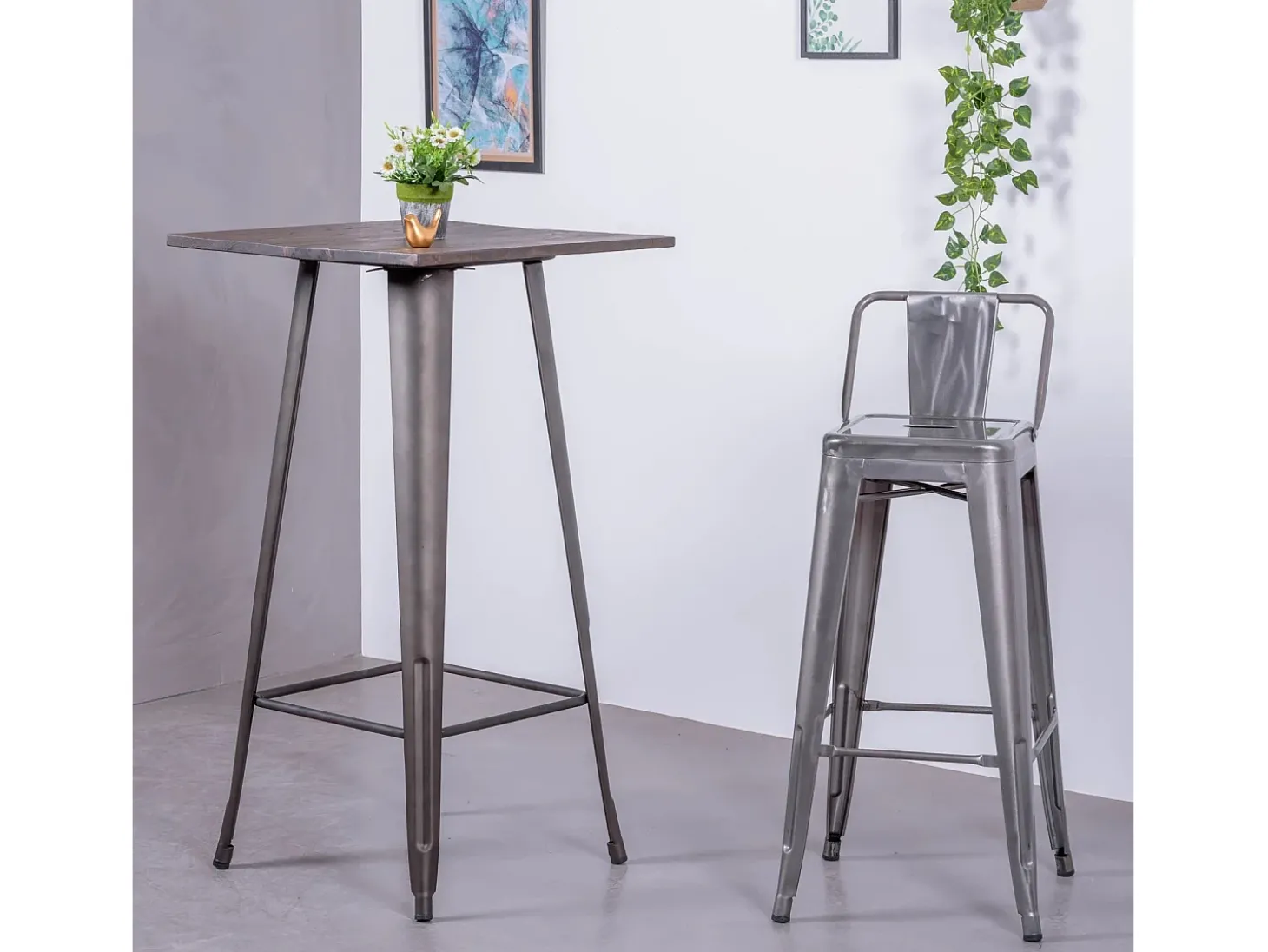 Banqueta industrial em aço metalizado com encosto baixo (76cm) - Bistro - Metal