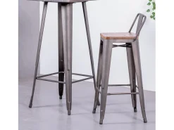 Banqueta industrial em aço envelhecido com encosto baixo e assento em madeira - Bistro - Antiguidade