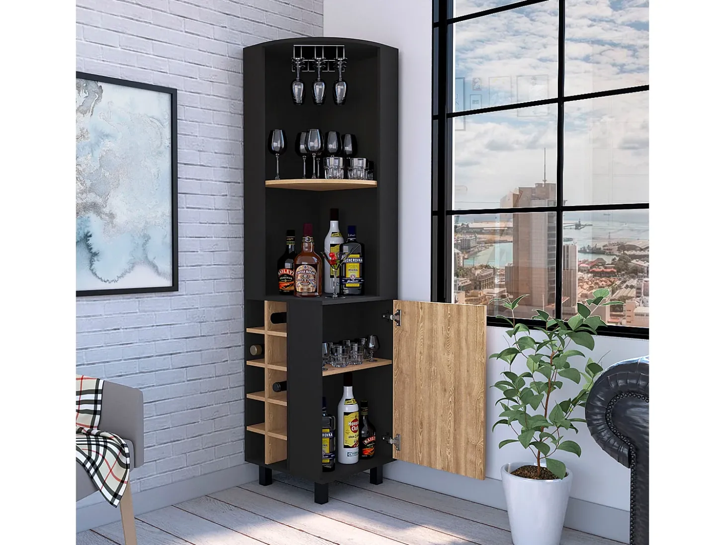 Bar de canto Kaia, com 1 porta e suporte para garrafas , 179.83 cm X 44.95 cm X 44.95 cm , Multicolor
