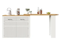 Bar extensível com 2 gavetas e 2 portas - Tampo extensível com rodízios - Branco e madeira