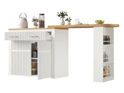 Bar extensível com 2 gavetas e 2 portas - Tampo extensível com rodízios - Branco e madeira