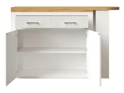 Bar extensível com 2 gavetas e 2 portas - Tampo extensível com rodízios - Branco e madeira